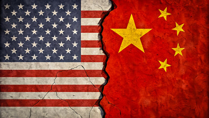 Dramatic split of USA and China flags with a cracked division symbolizing economic and political rivalry