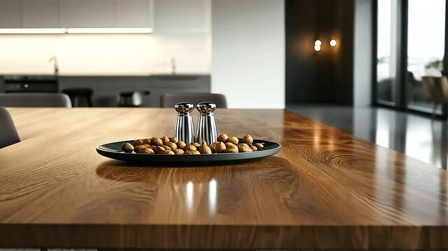 A harmonious modern dining room highlights a wooden family table with a plate of nuts and sleek salt and pepper shakers, its contemporary design further enhanced by a clean white w