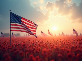 American flags over national cemetery. Honor and respect for Holidays 26th May Memorial Day and 4th July American Independence Day Concept.