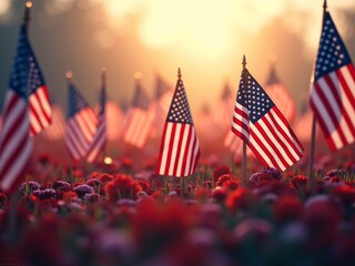 American flags over national cemetery. Honor and respect for Holidays 26th May Memorial Day and 4th July American Independence Day Concept.