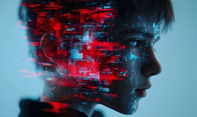 Digital Interface Overlay on Face Profile, with Red and Blue Glitching Pattern