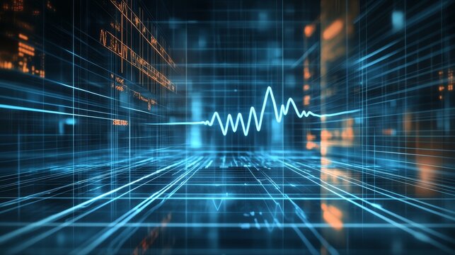 Abstract Technology Background, Luminous Blue Data Stream Flowing Through Digital Cyberspace Grid - Powered by Adobe