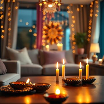 Happy diwali diwali night in a cozy living room soft lighting and warm ambiance diyas and candles on the table indian festival Bokeh light lights background bokeh abstract light bright effe