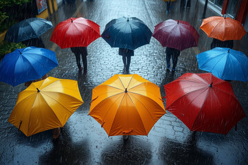 Obraz premium Colorful umbrellas in the rain on a city street.