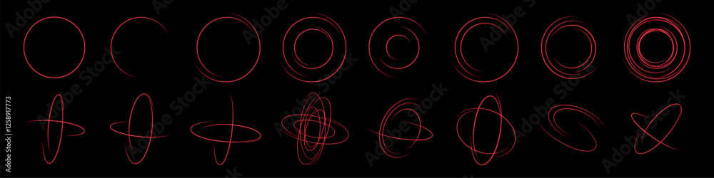Poster collection of glowing red neon swirl effects on a black background, representing dynamic motion, fut