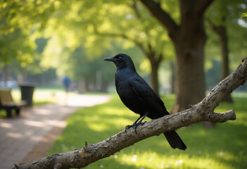 Fototapeta premium Black crow perched on a tree branch in a green urban park