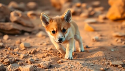 a small dog walking across a dirt field