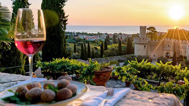 Rose wine, black truffles resting on sunset illuminated table near medieval castle overlooking Mediterranean coastline in Tuscany
