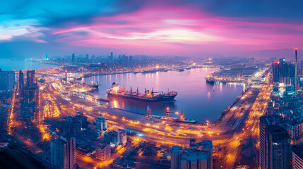 Fototapeta premium Glowing Metropolis: An aerial panorama of cityscape reflecting twilight hues, featuring cargo ship, urban illumination and modern infrastructure