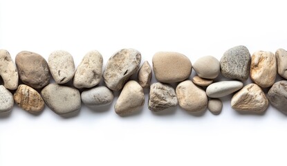 Obraz premium Row Of Pebbles In Light Gray Brown Tones Against White Background