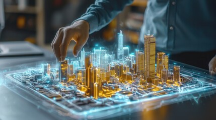 Innovative Cityscape Design: Architect Interacting with Holographic Model