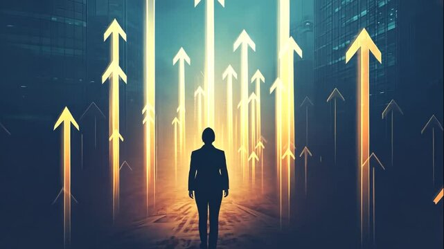 Businessman Walking Towards Success Through Glowing Arrows In Urban Night