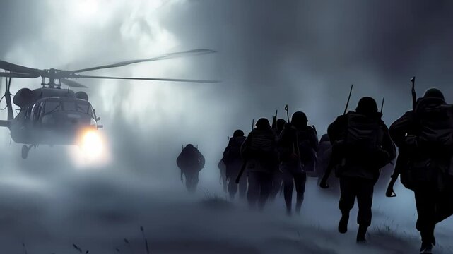 Military personnel rappelling from tactical chopper, moving across misty combat zone with strategic precision during intense mission