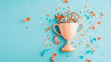 Celebration Still Life: Pastel Trophy Overflowing with Colorful Confetti and Ribbon for Event Decoration