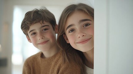 Happy Siblings Peeking Portrait Of Smiling Brother And Sister Sharing A Joyful Moment Indoors