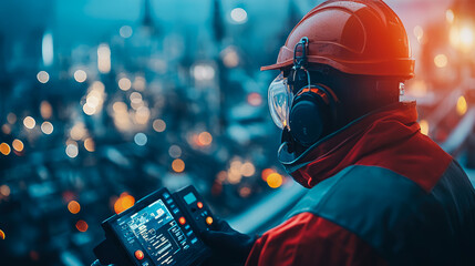 Naklejka premium Tech Industrial: Worker Overseeing City Control with Digital Tablet