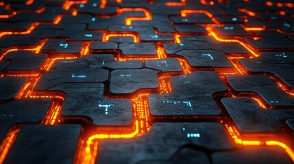 Obraz premium Abstract futuristic technological pattern of glowing, cracked, stone-like, circuit boards.