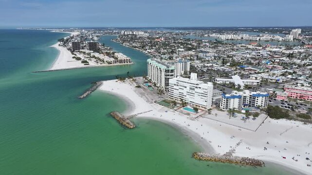 St. Pete Beach At Saint Petersburg Florida United States. Aerial View Of A Bustling City With High-Rise Buildings And Traffic. Shore Sky Clouds Beach Sea. Remote Location Beach Panorama.