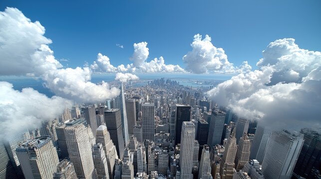 High-angle cityscape view of New York City skyscrapers with clouds