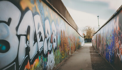 Vibrant urban street mural with bold spray painted design and expressive graffiti art.