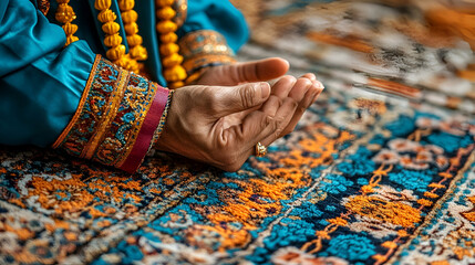 Woman's hands clasped in prayer on patterned carpet.  Possible use for stock imagery