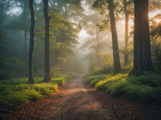Obraz premium Forest Path with Sunlight Through Trees