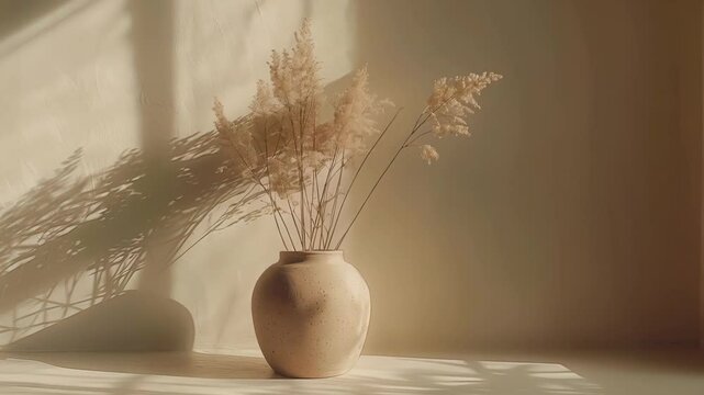 Dry pampas grass bouquet in modern beige ceramic vase with changing natural light and shadows on beige wall background
