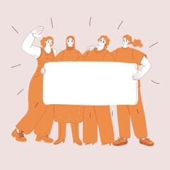 Fototapeta premium Cartoon vector illustration of two women holding a blank poster, ready for a slogan or message