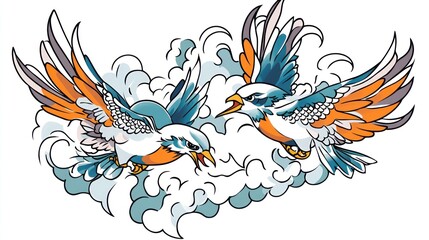 Fototapeta premium Two Colorful Birds Soaring Cloudscape Artistic Design
