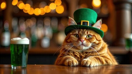A fat, contented ginger cat in a traditional green leprechaun hat sits at a wooden bar counter. A glass of green beer is nearby. Cozy, festive atmosphere of an Irish pub. Celebrating St. Patrick's Day