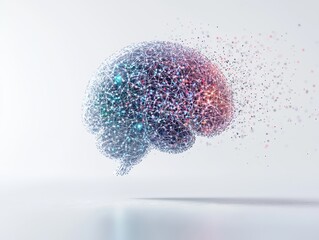 Fototapeta premium AI neural network development. Abstract brain composed of colorful particles in motion, symbolizing creativity and intelligence.