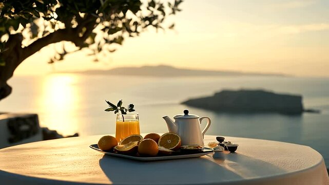 From a Santorini hotel terrace, sunrise paints the caldera in warm tones, the Aegean Sea glistening as a lavish breakfast spread featuring Greek yogurt, honey, and fresh orange jui