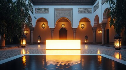 Illuminated Moroccan Courtyard Peaceful Night Scene Blank Sign Beautiful Architecture