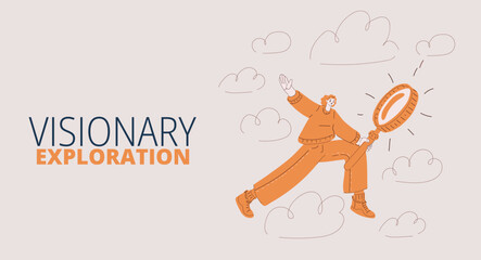 Cartoon vector illustration of a woman holding a magnifying glass, symbolizing investigation, curiosity, and attention to detail