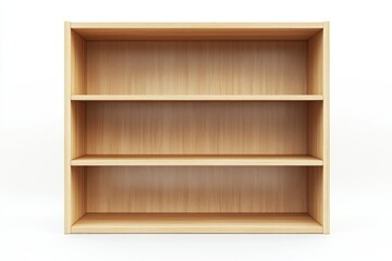 Empty light brown wooden bookcase on white background