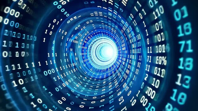 Abstract Digital Data Tunnel with Binary Code Flowing Through a Vortex of Light and Energy