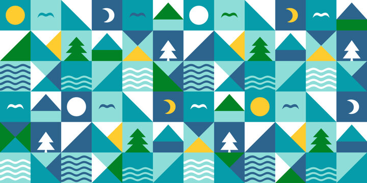 Abstract geometric pattern with sea waves, mountains, pine trees, sun and moon. Seamless pattern with summer mosaic of ocean coast, vector illustration