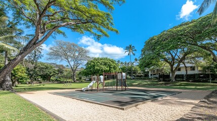 Fototapeta premium Tropical Playground Scene with Lush Greenery and Play Equipment