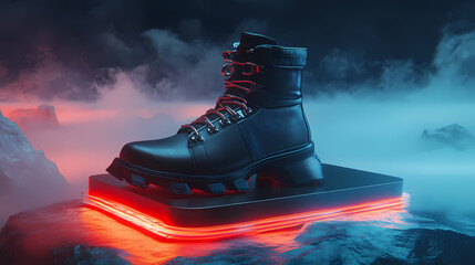 Futuristic black boot displayed on illuminated platform. Enchanted Foglands. Illustration