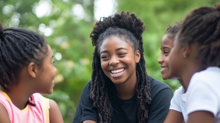 Smiling African American Girls Talk Outdoor, Friendship Joy