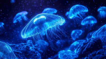 Bioluminescent Jellyfish Floating in an Alien Ocean