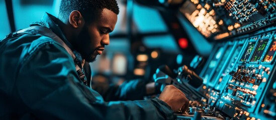 Concentrated African Technician Calibrating Avionics in Cockpit at Night