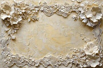 Delicate lace-style frame in white on a textured beige background, perfect for wedding invitations.