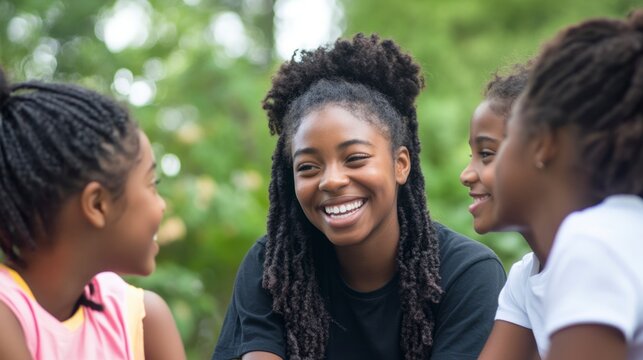 Smiling African American Girls Talk Outdoor, Friendship Joy
