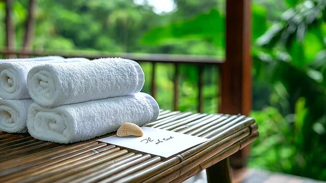 In a tropical resort villa, white towels are arranged on a bamboo table with a welcome note and a small seashell, set against the lush green view through the open balcony doors.