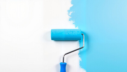 Obraz premium Vibrant blue paint roller applying color to white wall, home transformation