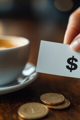 Fototapeta premium Close-up of a hand placing a rectangular card next to coffee and coins in a cozy cafe
