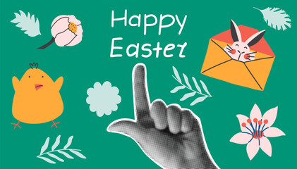 Happy Easter background with halftone hand. Retro vector collage.