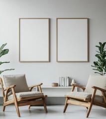 Two Empty Picture Frames In A Modern Living Room With Wooden Armchairs And Beige Upholstery