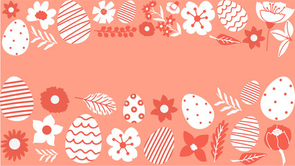 Spring and Easter background with eggs and abstract flowers. Vector seasonal frame.